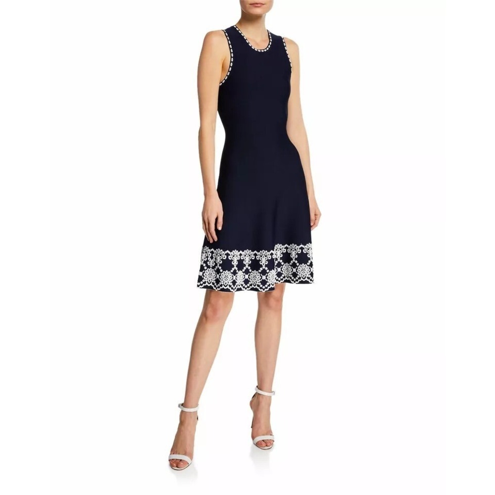 Shoshanna Dress‎ Womens S Navy Sleeveless Slip On Stretch Jacquard Trim Caterina